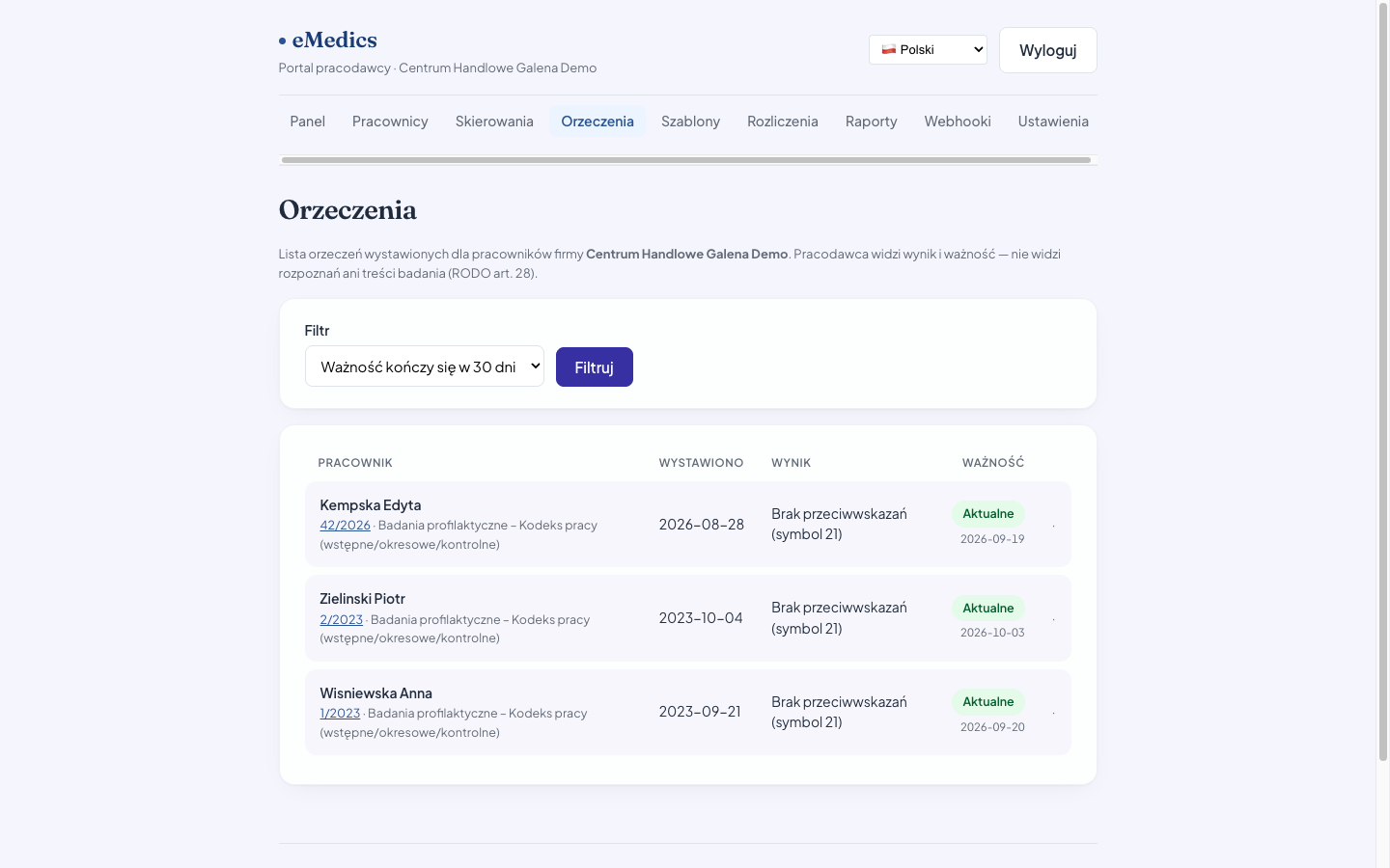 Portal pracodawcy eMedics: lista orzeczeń pracowników z wynikiem i datą ważności